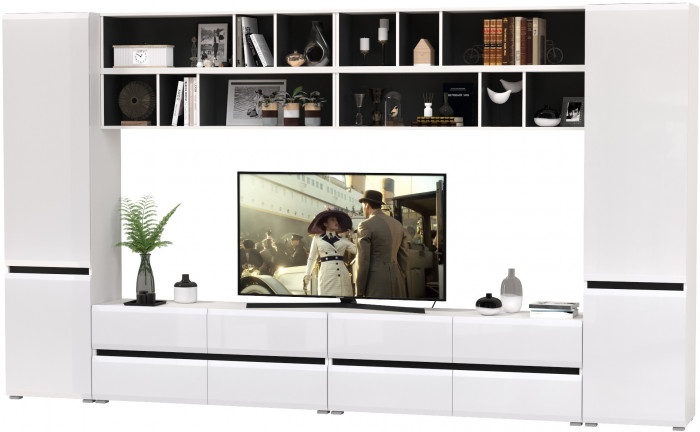 Сидней Комплектация № 094, цвет корпус: белый/чёрный/фасады: МДФ белый глянец, ШхГхВ 360х41,3х205,2 см., универсальная сборка