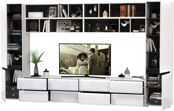 Сидней Комплектация № 094, цвет корпус: белый/чёрный/фасады: МДФ белый глянец, ШхГхВ 360х41,3х205,2 см., универсальная сборка