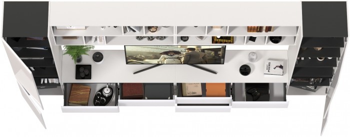 Сидней Комплектация № 094, цвет корпус: белый/чёрный/фасады: МДФ белый глянец, ШхГхВ 360х41,3х205,2 см., универсальная сборка