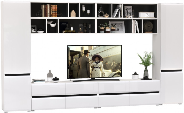 Сидней Комплектация № 094, цвет корпус: белый/чёрный/фасады: МДФ белый глянец, ШхГхВ 360х41,3х205,2 см., универсальная сборка