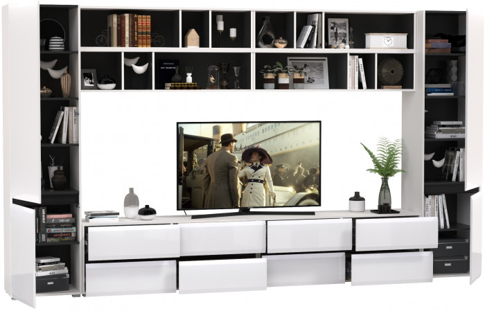 Сидней Комплектация № 094, цвет корпус: белый/чёрный/фасады: МДФ белый глянец, ШхГхВ 360х41,3х205,2 см., универсальная сборка