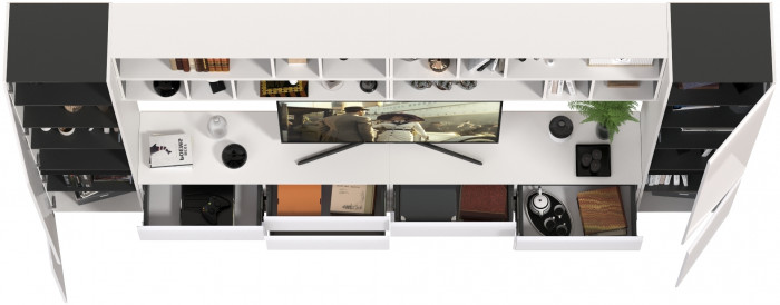 Сидней Комплектация № 094, цвет корпус: белый/чёрный/фасады: МДФ белый глянец, ШхГхВ 360х41,3х205,2 см., универсальная сборка