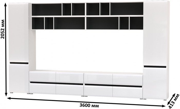 Сидней Комплектация № 094, цвет корпус: белый/чёрный/фасады: МДФ белый глянец, ШхГхВ 360х41,3х205,2 см., универсальная сборка