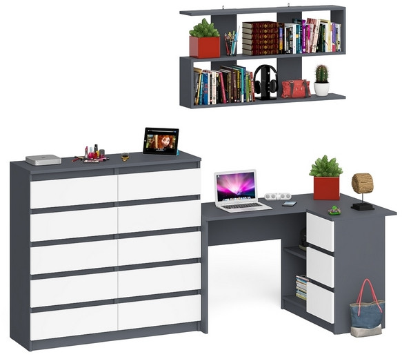 Мори компьютерный стол МС-16 правый + Комод МК1200.10 + Полка 1200, графит/белый