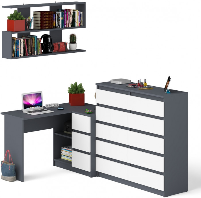 Мори компьютерный стол МС-16 правый + Комод МК1200.10 + Полка 1200, графит/белый