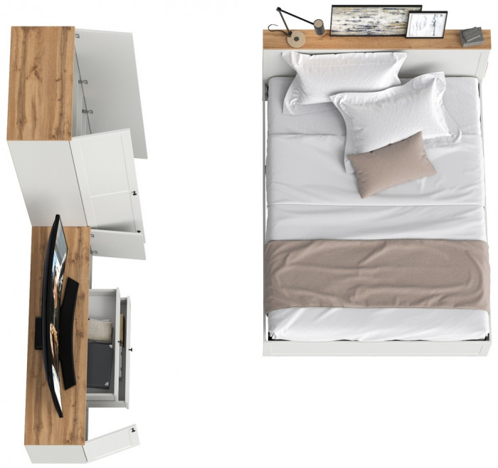 Остин 11.53 Кровать + ортопед + 16.307 Шкаф + 16.47 Тумба под ТВ, белый шагрень/дуб крафт золотой