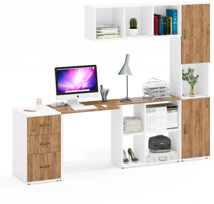 Лидер-8 Стол + Полка + Тумба МД 3.16 + Пенал, цвет белый шагрень/крафт золото, ШхГхВ 245х50/30х75/190 или 120х155/30х75/190 см., НЕ универс. сб.