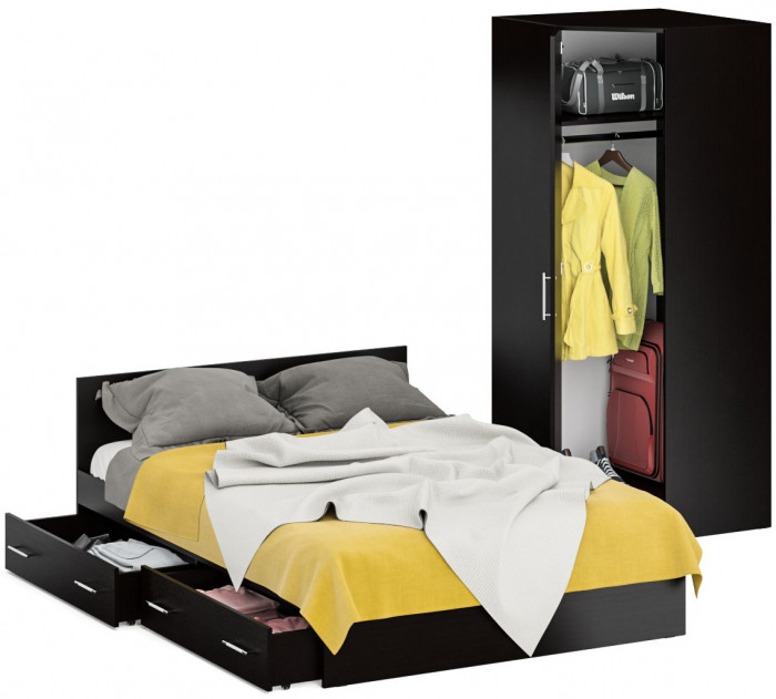 Кровать с ящиками 1400 + Шкаф 2-х створчатый Стандарт, цвет венге, ШхГхВ 143,5х203,5х70 + 90х52х200 см., сп.м. 1400х2000 мм., б/м, основание есть