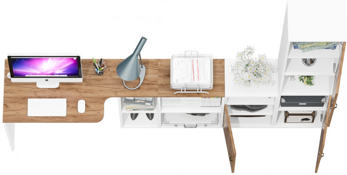 Лидер-8 Стол + Тумба МД 3.19 + Пенал, цвет белый шагрень/крафт золото, ШхГхВ 245х50/30х75/190 см. или 115х50/160х75/190 см., НЕ универсальная сборка