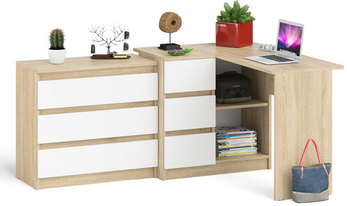 Мори Стол компьютерный МС-16 левый + Комод МК800.1, цвет дуб сонома/белый, ШхГхВ 204,8х84,9х76,6 см., выдвижные ящики слев, НЕ универсальная сборкаа