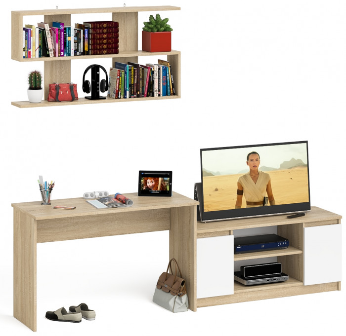 Мори Стол письменный МСП1200.1 + Тумба МТВ1200.1 + Полка 1200, цвет дуб сонома/белый, ШхГхВ 240,8х50х209,6 см., универсальная сборка