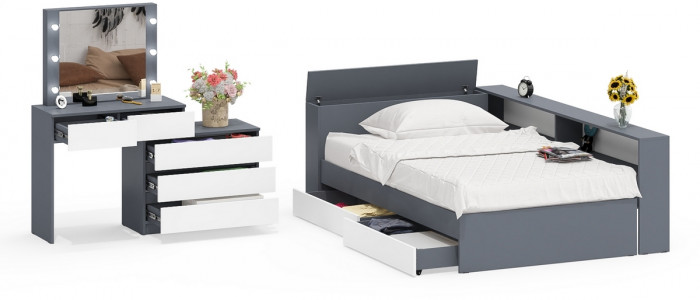 Ксения Кровать с ящиками 1200 + прикроватный блок + Столик с подсветкой 110, графит/белый