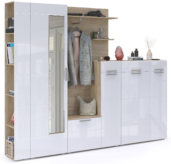 Лайн Прихожая № 11, дуб крафт серый/фасады МДФ белый глянец