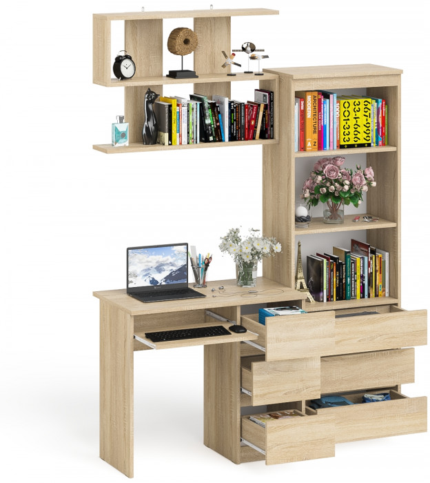Мори компьютерный стол МС-6 правый + Стеллаж МСТ600.3 + Полка 900, дуб сонома
