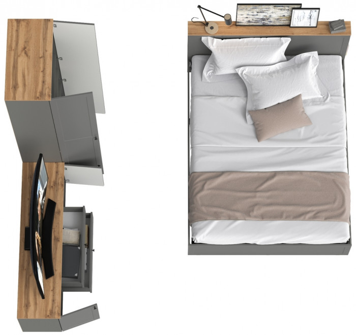 Остин 11.53 Кровать + ортопед + 16.307 Шкаф + 16.47 Тумба под ТВ, серый графит/дуб крафт золотой
