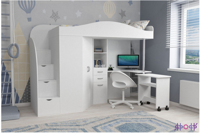 Кровать-чердак Юниор 4 (Белое дерево/Дуб молочный)