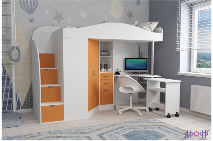 Кровать-чердак Юниор 4 (Белое дерево/Дуб молочный)