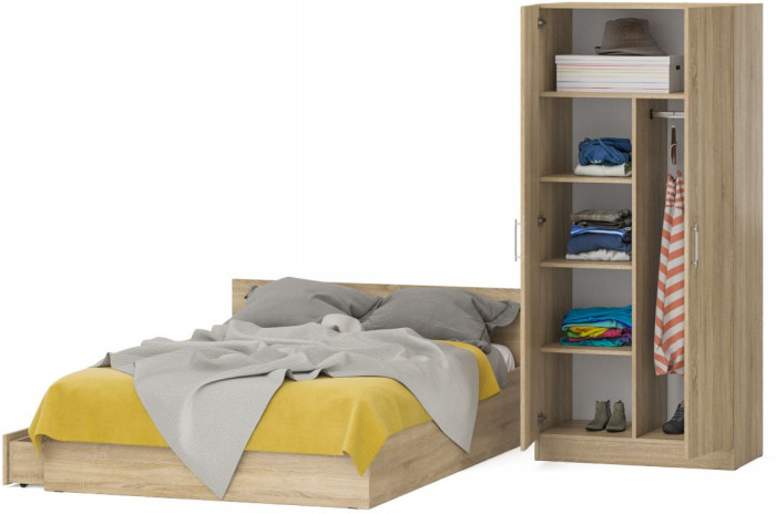 Кровать с ящиками 1400 + Шкаф 2-х створчатый Стандарт, цвет дуб сонома, ШхГхВ 143,5х203,5х70 + 90х52х200 см., сп.м. 1400х2000 мм., б/м, основание есть