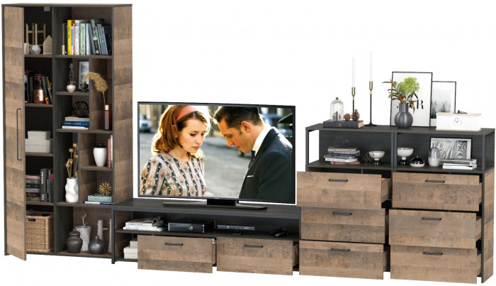 Трувор Гостиная 104, цвет дуб гранж песочный/интра, ШхГхВ 374,8х45,4х195 см., универсальная сборка