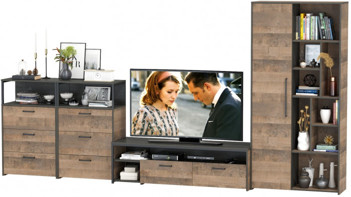 Трувор Гостиная 104, цвет дуб гранж песочный/интра, ШхГхВ 374,8х45,4х195 см., универсальная сборка