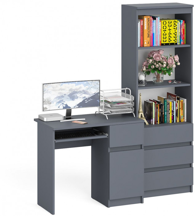 Мори компьютерный стол МС-1 правый + Стеллаж МСТ600.3, графит