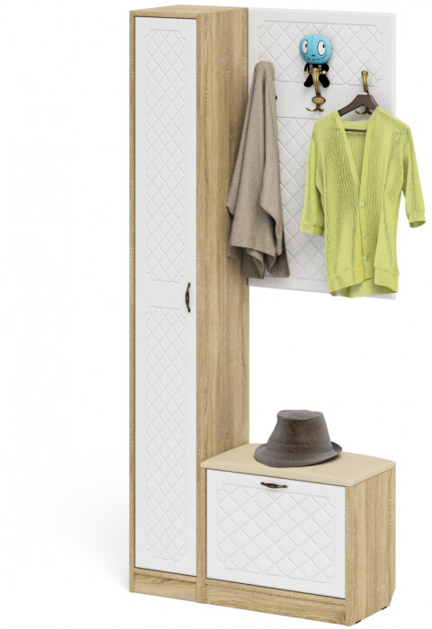 Прихожая П-6 Компоновка № 21, цвет дуб сонома/фасады МДФ белое дерево фрезеровка ромб, ШхГхВ 90х35х210 см., универсальная сборка