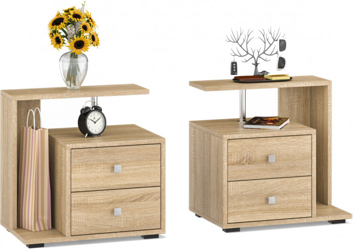 Камелия спальня № 12 Кровать с ящиками 1400 + Две тумбы + Комод + Зеркало, дуб сонома