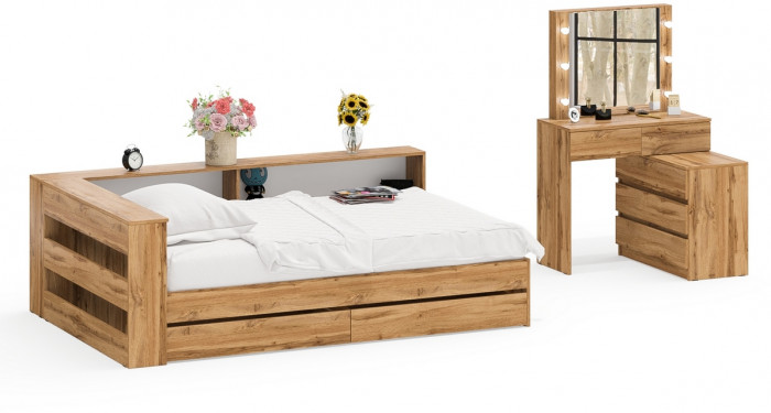 Ксения Кровать с ящиками 1200 + прикроватный блок + Столик с подсветкой 110, дуб вотан