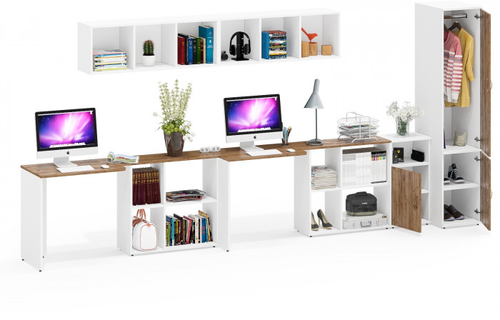 Лидер-8 Стол + Полка + Стол + Полка + Пенал МД 23Б + Тумба МД 3.19, белый шагрень/крафт золото