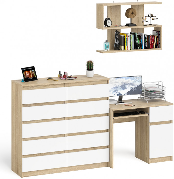 Мори компьютерный стол МС-1 правый + Комод МК1200.10 + Полка 900, дуб сонома/белый