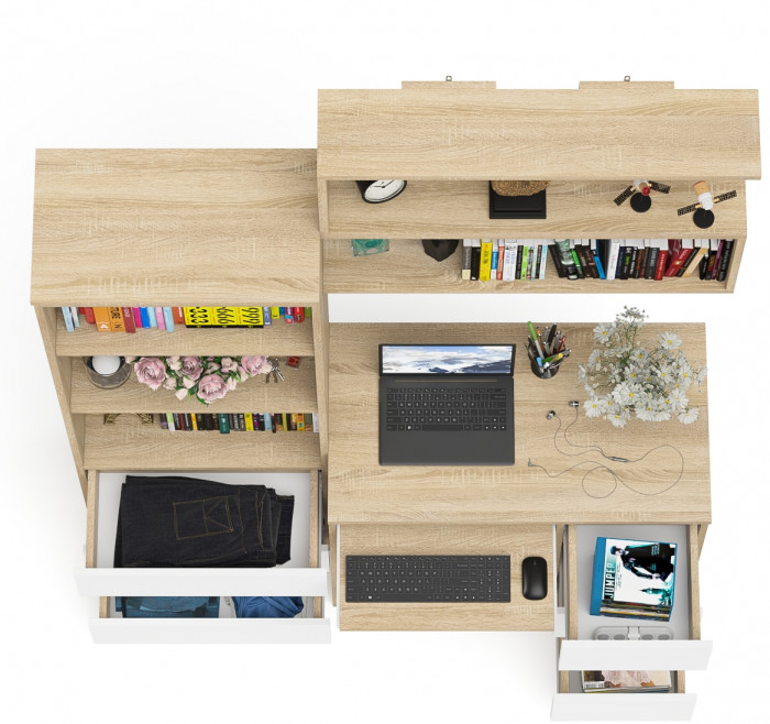 Мори компьютерный стол МС-6 правый + Стеллаж МСТ600.3 + Полка 900, дуб сонома/белый