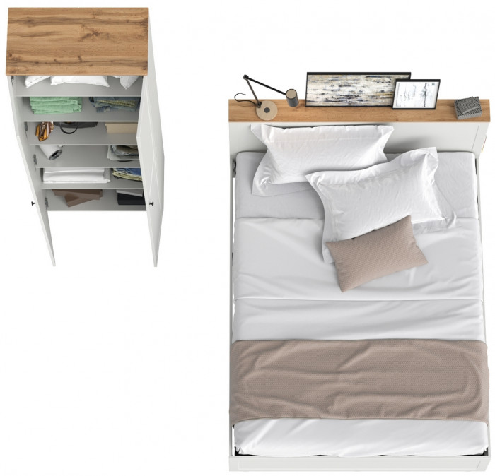 Остин 11.53 Кровать + ортопед + 16.307 Шкаф, белый шагрень/дуб крафт золотой