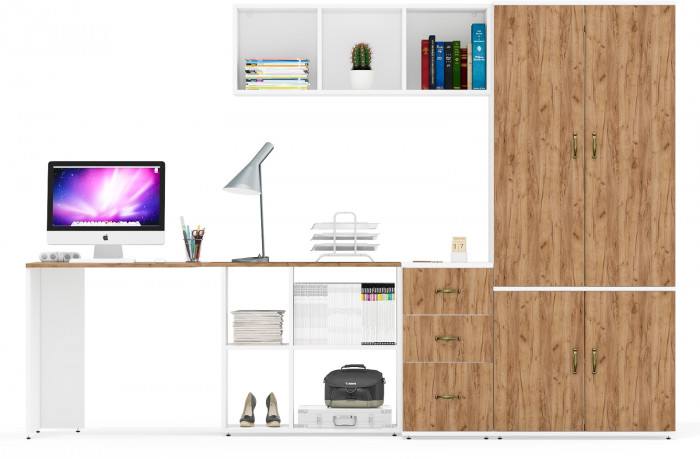 Лидер-8 Стол + Полка + Тумба МД 3.16 + Шкаф МД 19Б, цвет белый шагрень/крафт золото, ШхГхВ 285х50/50х75/190 или 115х200/50х75/190 см., НЕ ун. сб.