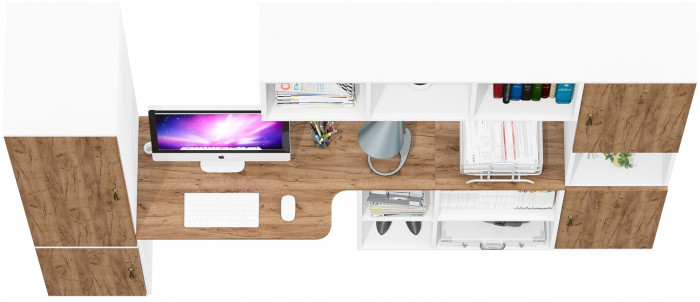 Лидер-8 Пенал МД 23Б + Стол + Полка + Пенал, белый шагрень/крафт золото