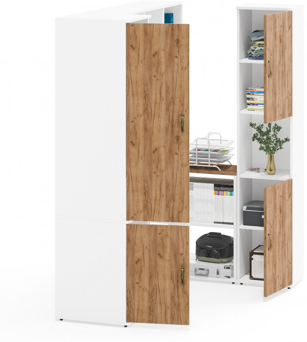 Лидер-8 Пенал МД 23Б + Стол + Полка + Пенал, белый шагрень/крафт золото