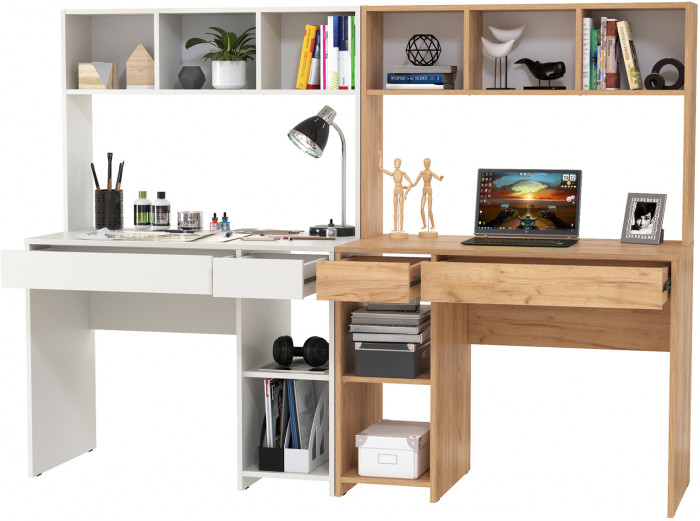 Стол компьютерный Комфорт 12.77F + Стол компьютерный Комфорт 12.77F, цвет белый шагрень/дуб крафт золотой, ШхГхВ 200х49,8х147 см., универс. сборка