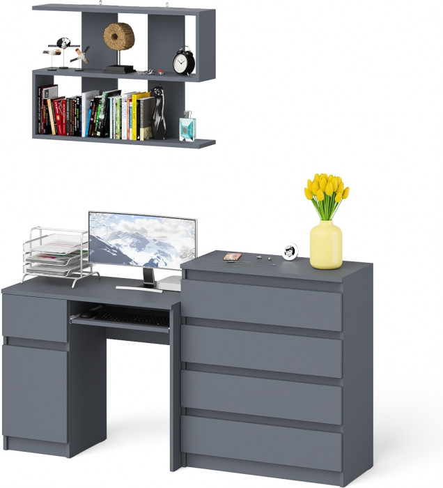Мори компьютерный стол МС-1 левый + Комод МК800.4 + Полка 900, графит
