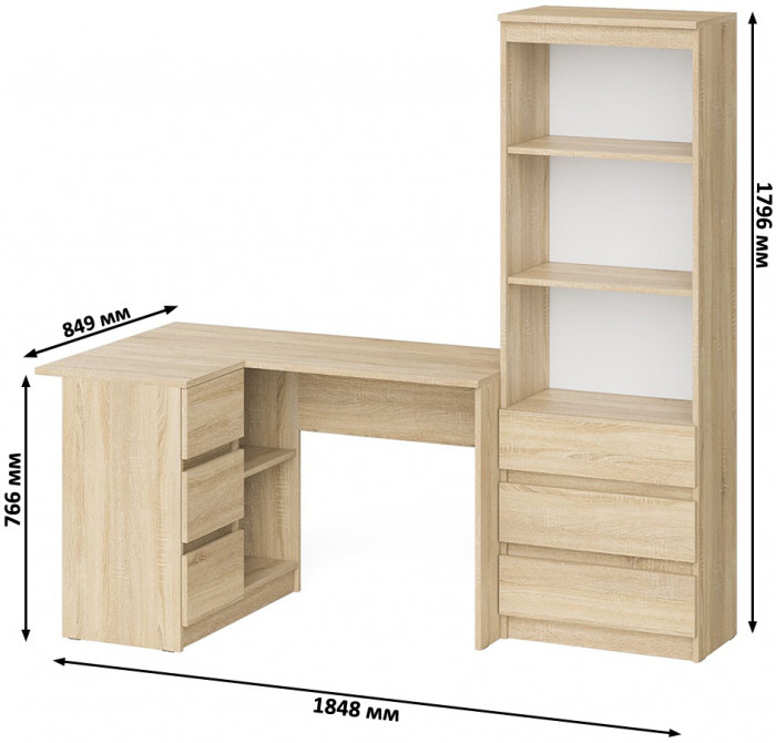 Мори компьютерный стол МС-16 левый + Стеллаж МСТ600.3, дуб сонома