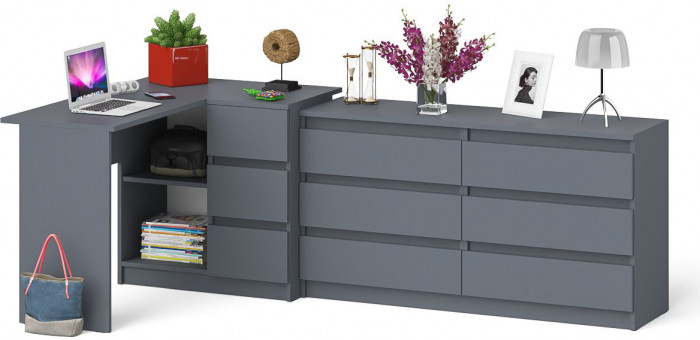 Мори Стол компьютерный МС-16 правый + Комод МК1380.6, цвет графит, ШхГхВ 262,4х84,9х76,6 см., выдвижные ящики справа, НЕ универсальная сборка