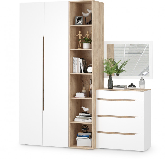 Муссон 13.198 Шкаф + 13.349 Стеллаж + 13.97 Комод + Зеркало СВК, цвет белый/дуб эндгрейн элегантный, ШхГхВ 204,6х52,3х229,8 см., НЕ универс. сб.