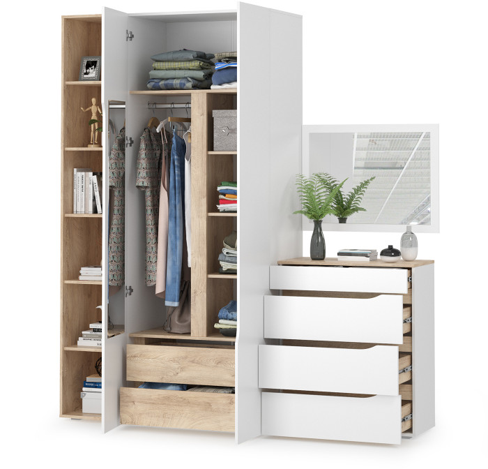 Муссон 13.198 Шкаф + 13.349 Стеллаж + 13.97 Комод + Зеркало СВК, цвет белый/дуб эндгрейн элегантный, ШхГхВ 204,6х52,3х229,8 см., НЕ универс. сб.