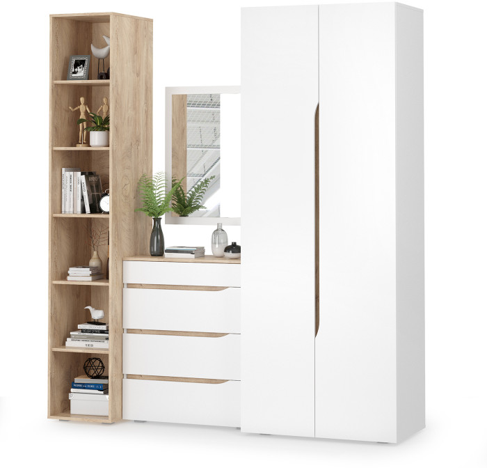 Муссон 13.198 Шкаф + 13.349 Стеллаж + 13.97 Комод + Зеркало СВК, цвет белый/дуб эндгрейн элегантный, ШхГхВ 204,6х52,3х229,8 см., НЕ универс. сб.