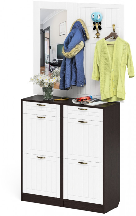 Прихожая П-6 Компоновка № 05, цвет венге/фасады МДФ белое дерево фрезеровка прованс, ШхГхВ 110х35х200 см.