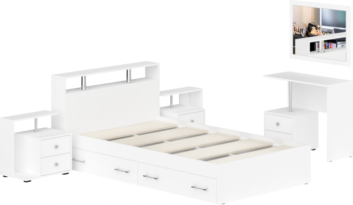 Камелия спальня № 13 Кровать с ящиками 1200 + Две тумбы + Стол косметич. + Зеркало, белый