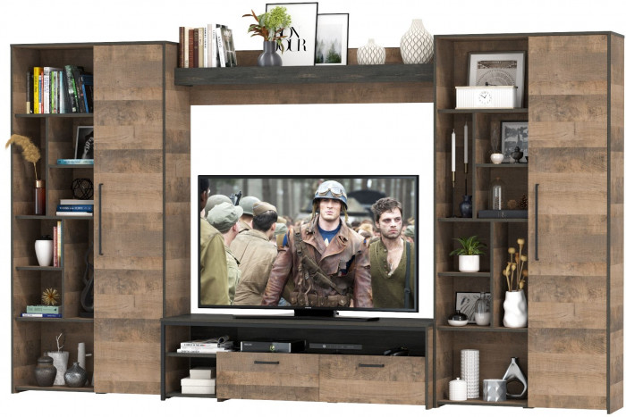 Трувор Гостиная 075, цвет дуб гранж песочный/интра, ШхГхВ 335,8х45,4х194,2 см., универсальная сборка