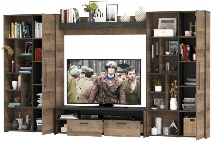 Трувор Гостиная 075, цвет дуб гранж песочный/интра, ШхГхВ 335,8х45,4х194,2 см., универсальная сборка