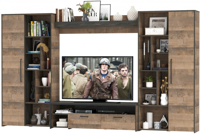 Трувор Гостиная 075, цвет дуб гранж песочный/интра, ШхГхВ 335,8х45,4х194,2 см., универсальная сборка