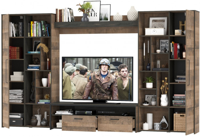 Трувор Гостиная 075, цвет дуб гранж песочный/интра, ШхГхВ 335,8х45,4х194,2 см., универсальная сборка