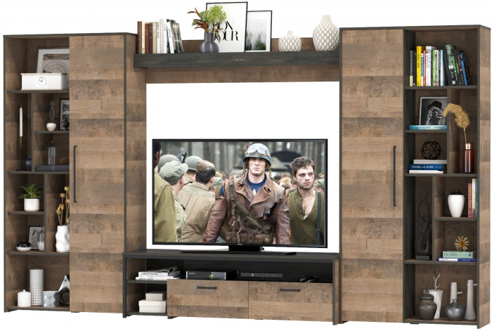 Трувор Гостиная 075, цвет дуб гранж песочный/интра, ШхГхВ 335,8х45,4х194,2 см., универсальная сборка