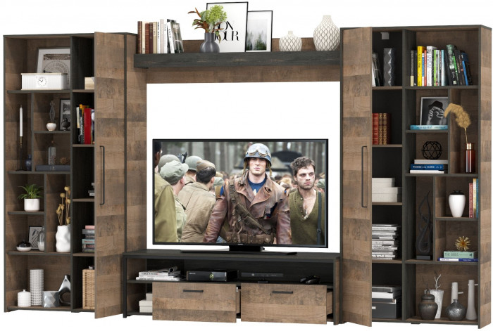 Трувор Гостиная 075, цвет дуб гранж песочный/интра, ШхГхВ 335,8х45,4х194,2 см., универсальная сборка